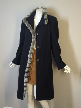 Vintage Wool Cashmere Black Coat Fur Trim